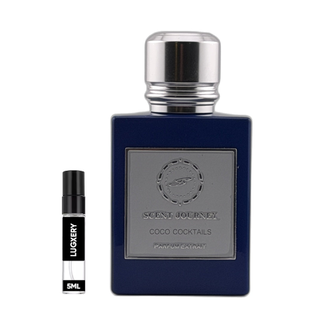A dark blue rectangular perfume bottle with a silver cap and silver front label reading 'SCENT JOURNEY COCO COCKTAILS' and 'PARFUMERIE ORLY', shown next to a small black-and-white sample vial labeled 'LUGERY 5ML' on a white background.