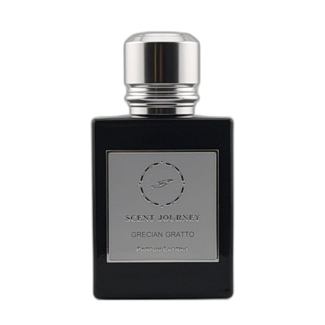 A black rectangular perfume bottle with a silver cap and a silver front label reading 'SCENT JOURNEY' and 'GRECIAN GRATTO'.