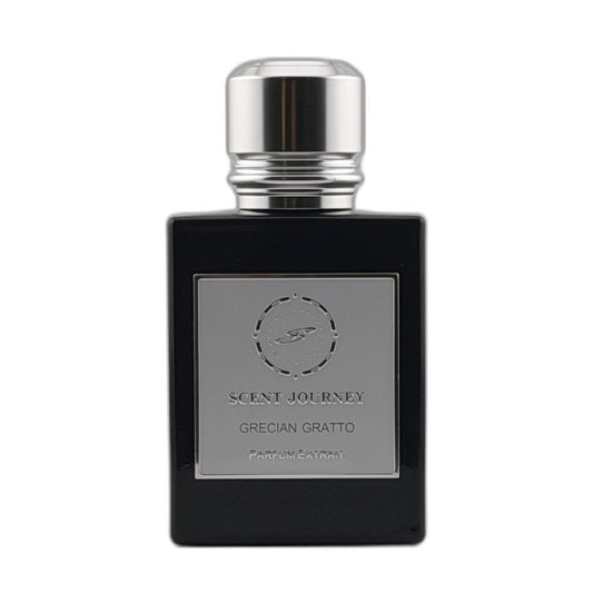 A black rectangular perfume bottle with a silver cap and a silver front label reading 'SCENT JOURNEY' and 'GRECIAN GRATTO'.