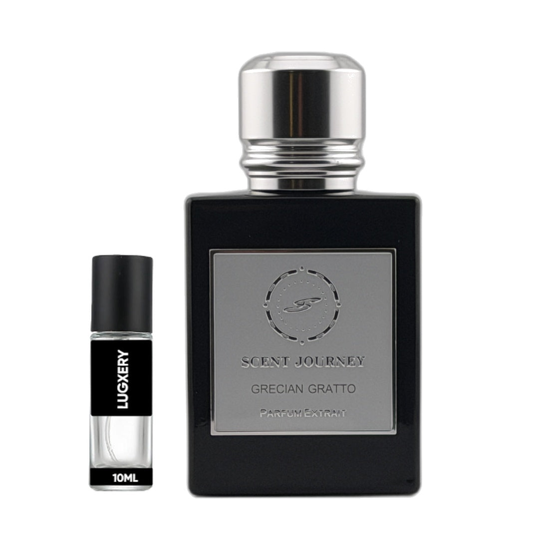 A 10ml travel perfume spray vial next to its 50ml main bottle. The main bottle is black with a silver cap and a silver label reading 'SCENT JOURNEY' and 'GRECIAN GRATTO'.