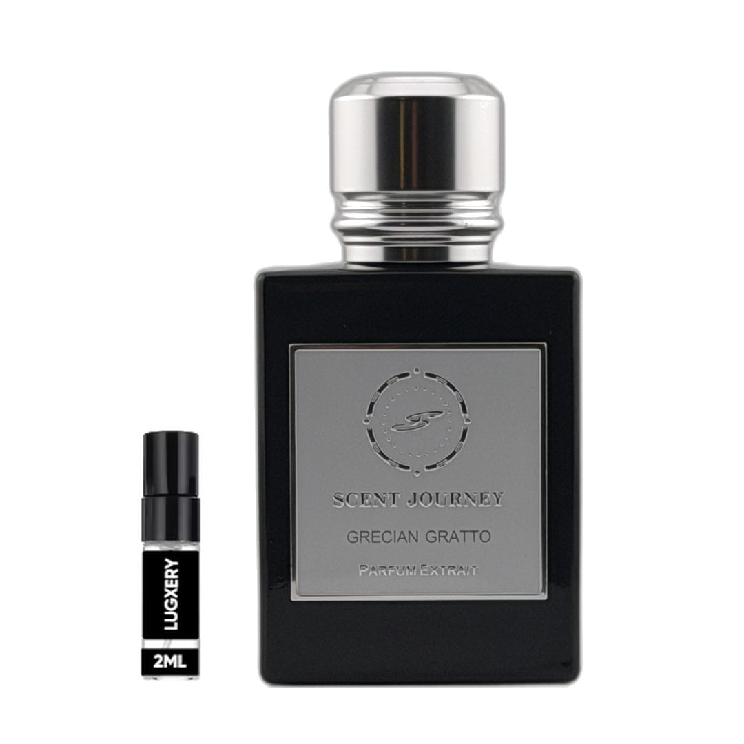 A black rectangular perfume bottle with a silver cap and a silver front label reading 'SCENT JOURNEY' and 'GRECIAN GRATTO', shown next to a small black 2ml sample spray vial labeled 'LUXERY' on a white background.