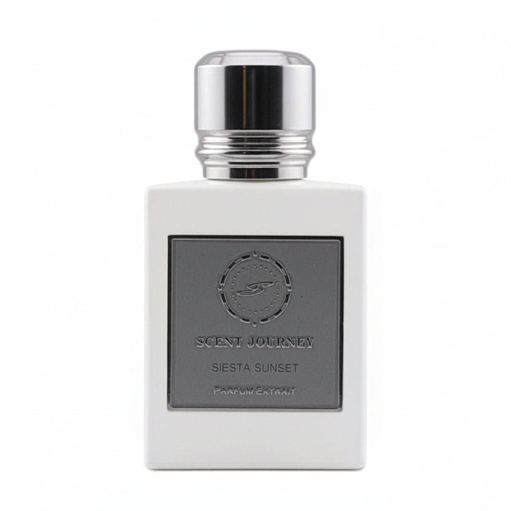 A rectangular matte taupe-gray perfume bottle with a shiny silver cap, featuring a dark gray front label that reads 'SCENT JOURNEY SIESTA SUNSET PARFUMERY'.
