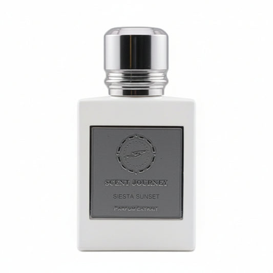 A rectangular matte taupe-gray perfume bottle with a shiny silver cap, featuring a dark gray front label that reads 'SCENT JOURNEY SIESTA SUNSET PARFUMERY'.