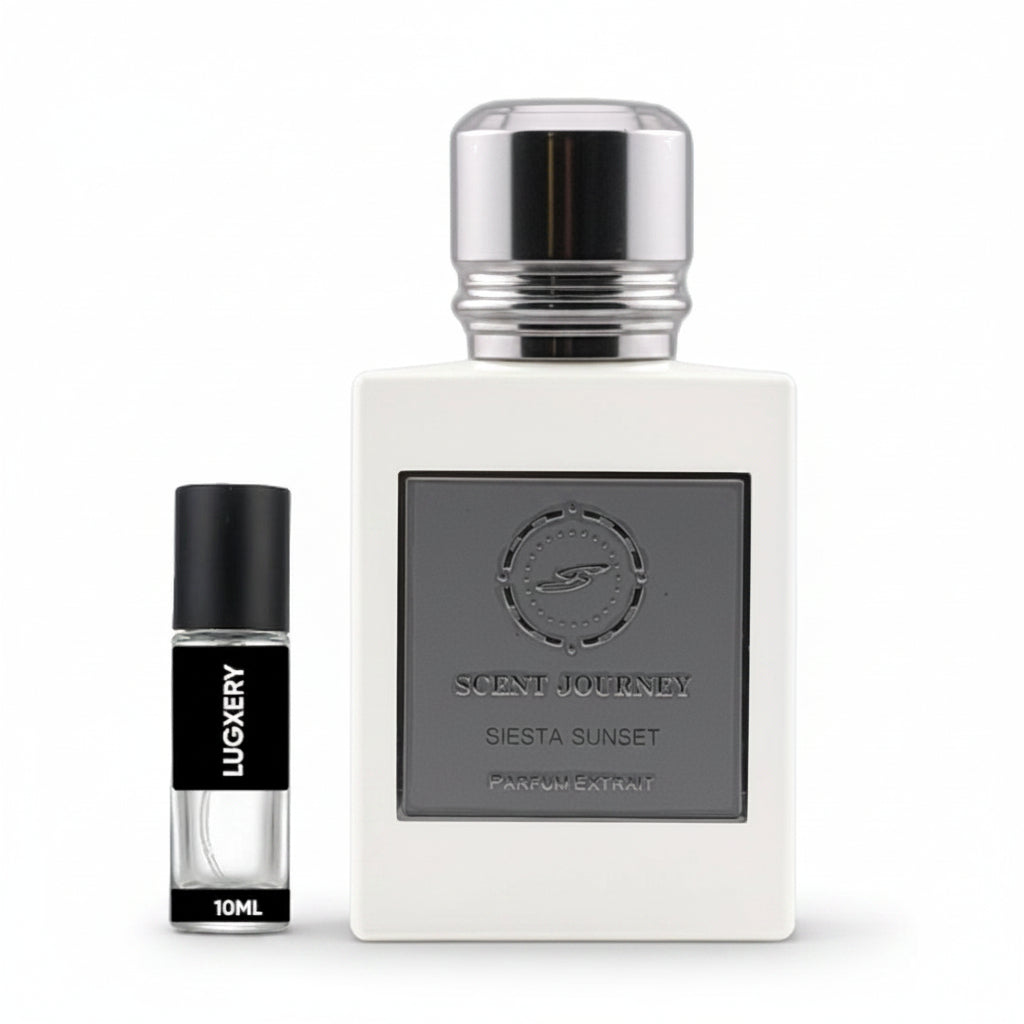 A 10ml travel perfume sample vial next to its 100ml original spray bottle. The original bottle is a matte taupe-gray color with a shiny silver cap and a dark gray label reading 'SCENT JOURNEY SIESTA SUNSET'.