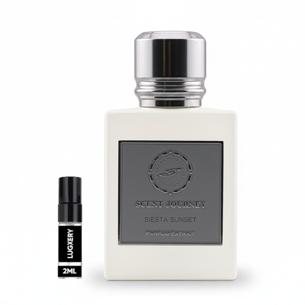 A bottle of Scent Journey Siesta Sunset perfume with a silver cap and a gray label, shown next to a small black 2ml sample vial labeled Luxery on a white background.