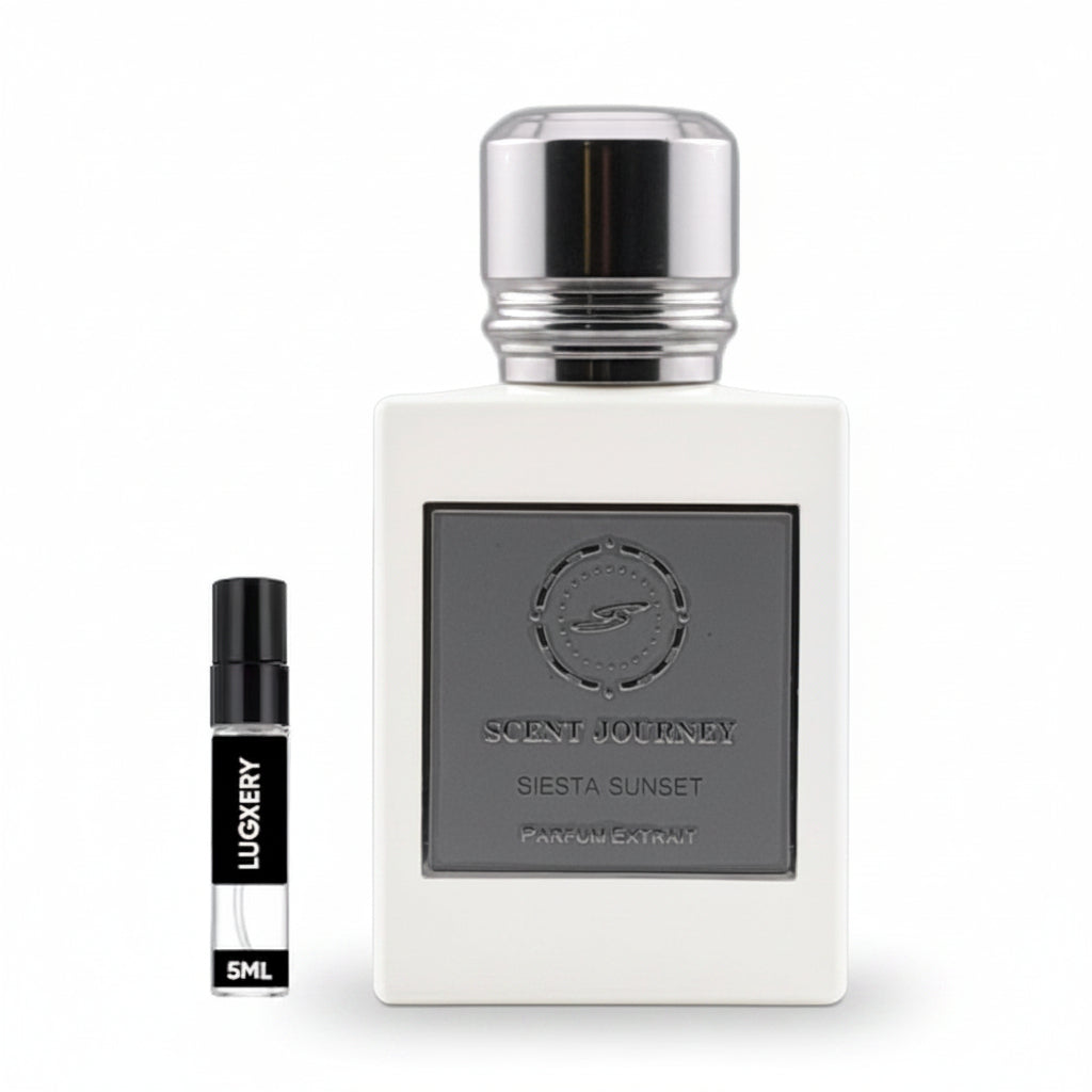 A bottle of Scent Journey Siesta Sunset perfume next to a small 5ml travel decant spray vial from the brand L'UGLIERY, on a plain white background.