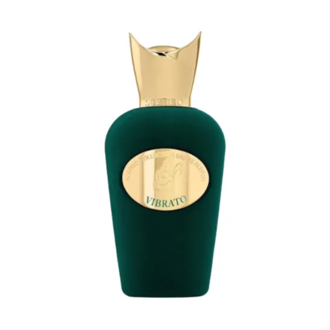 Green perfume bottle with gold cap on a white background. Vibrato.