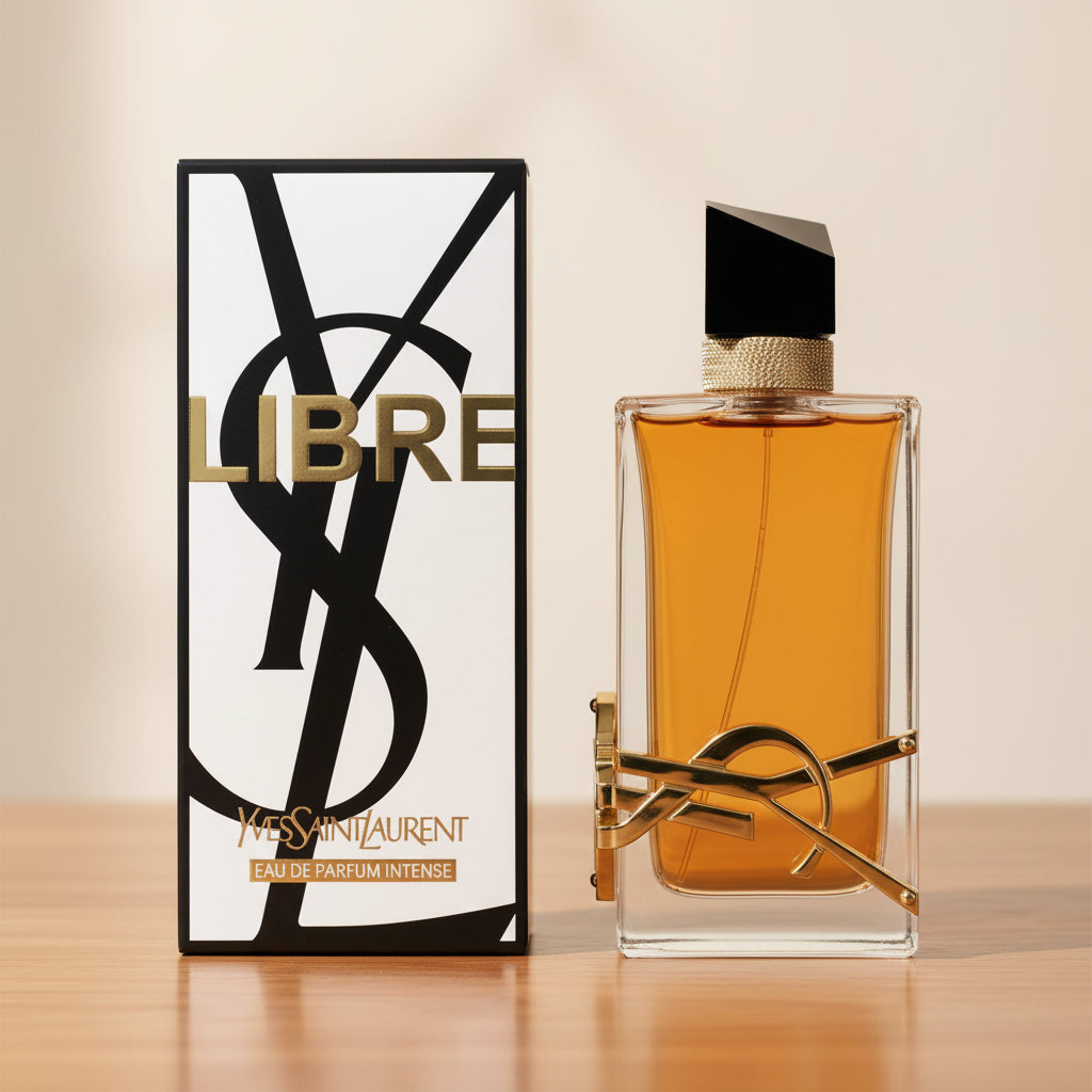 Yves Saint Laurent Libre Eau de Parfum Intense bottle with amber liquid and a gold-tone metal 'S' accent, shown next to its white and black packaging box with gold 'LIBRE' lettering.